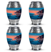 Soft Teal Beach Cremation Urn urn with complimentary velvet bag - ornate monarch-style beach relief on brushed aluminum - 10 inch aluminum urn for cremated remains