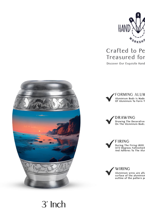 Tropical Teal Beach Cremation Urn lifestyle display on memorial shelf - majestic beach pattern with filigree border - mini keepsake memorial for portion of cremation ashes