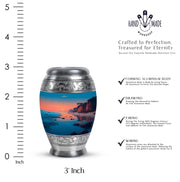 Tropical Teal Beach Cremation Urn lifestyle display on memorial shelf - majestic beach pattern with filigree border - mini keepsake memorial for portion of cremation ashes