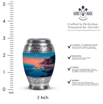Tropical Teal Beach Cremation Urn lifestyle display on memorial shelf - majestic beach pattern with filigree border - mini keepsake memorial for portion of cremation ashes
