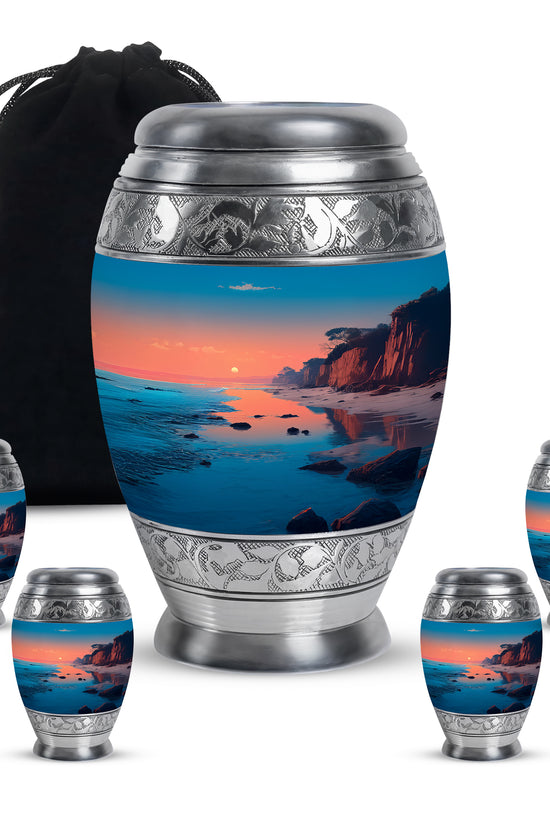 Tropical Teal Beach Cremation Urn detail view - royal beach engraving with decorative scrollwork - memorial set with one large and four small urns