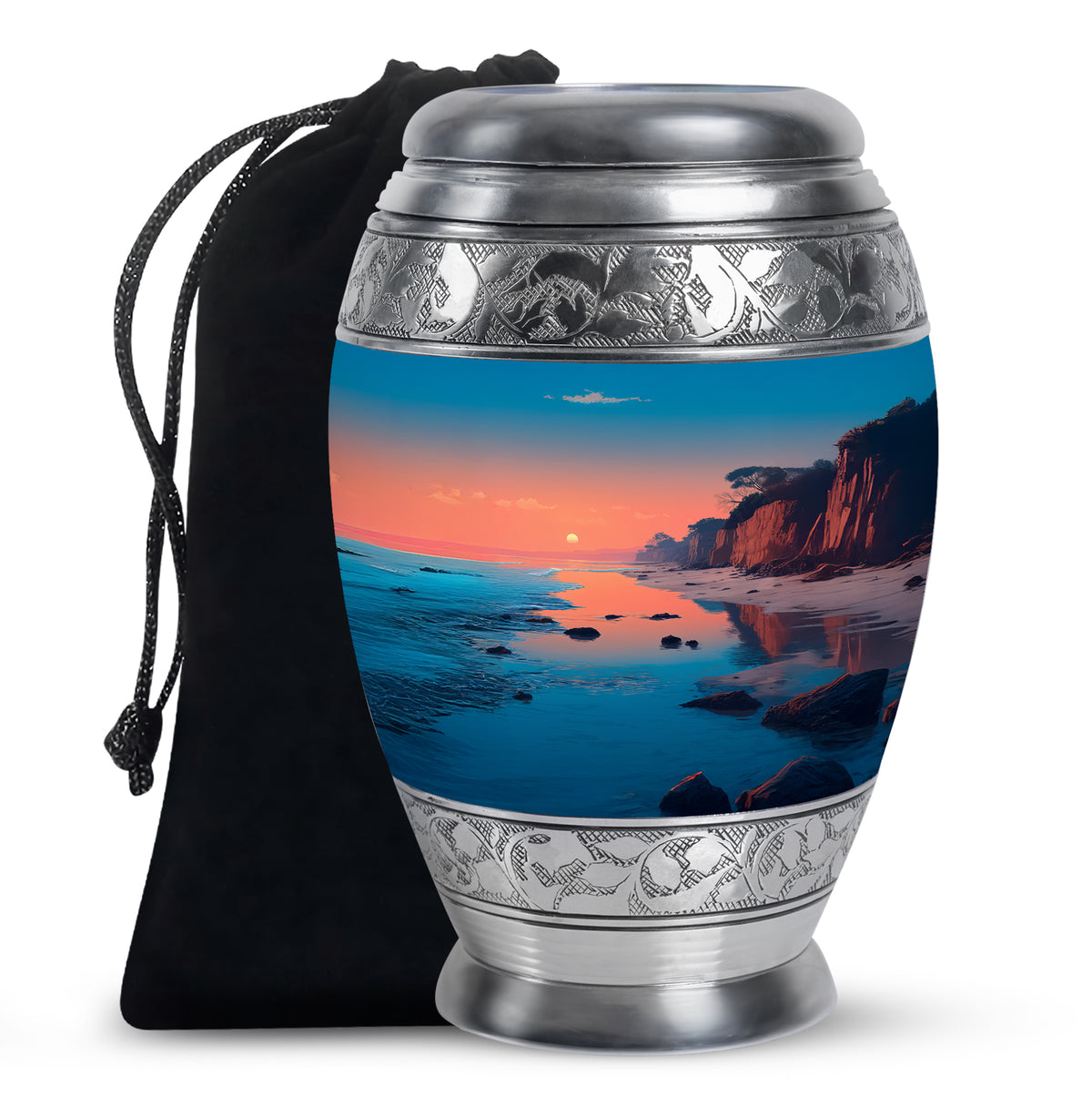 Jewel Teal Beach Cremation Urn back view with polished surface - regal beach design with crown-inspired accents - full-size 10 inch 200 cubic inch adult cremation urn