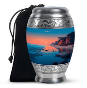 Jewel Teal Beach Cremation Urn back view with polished surface - regal beach design with crown-inspired accents - full-size 10 inch 200 cubic inch adult cremation urn