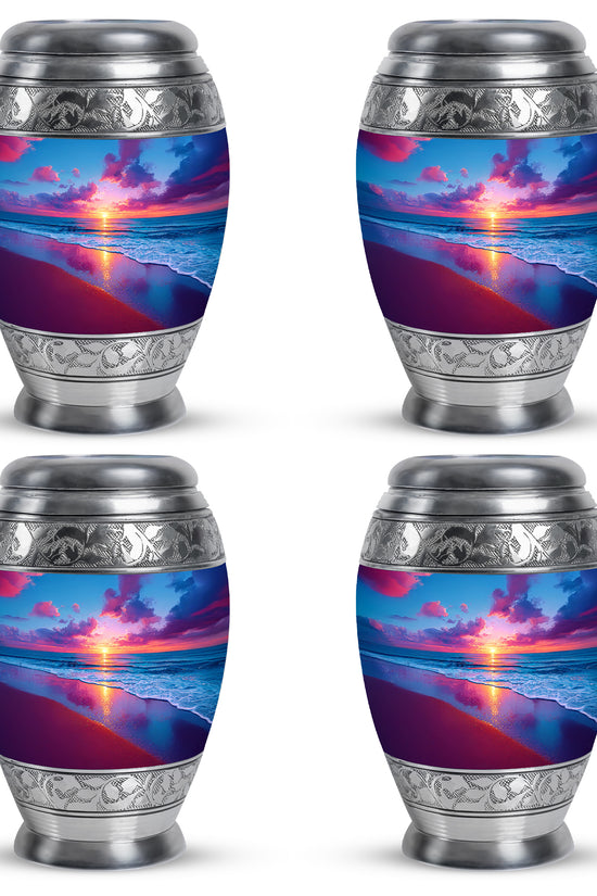 Icy Blue Beach Cremation Urn urn with complimentary velvet bag - ornate monarch-style beach relief on brushed aluminum - 10 inch aluminum urn for cremated remains