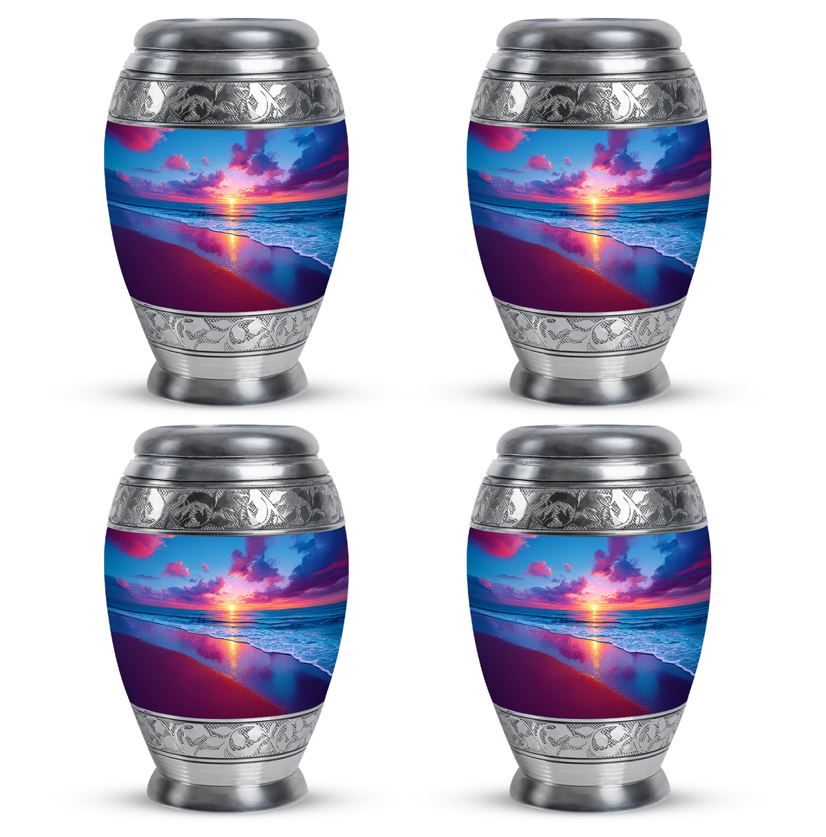 Icy Blue Beach Cremation Urn urn with complimentary velvet bag - ornate monarch-style beach relief on brushed aluminum - 10 inch aluminum urn for cremated remains