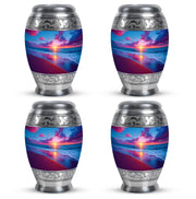 Icy Blue Beach Cremation Urn urn with complimentary velvet bag - ornate monarch-style beach relief on brushed aluminum - 10 inch aluminum urn for cremated remains
