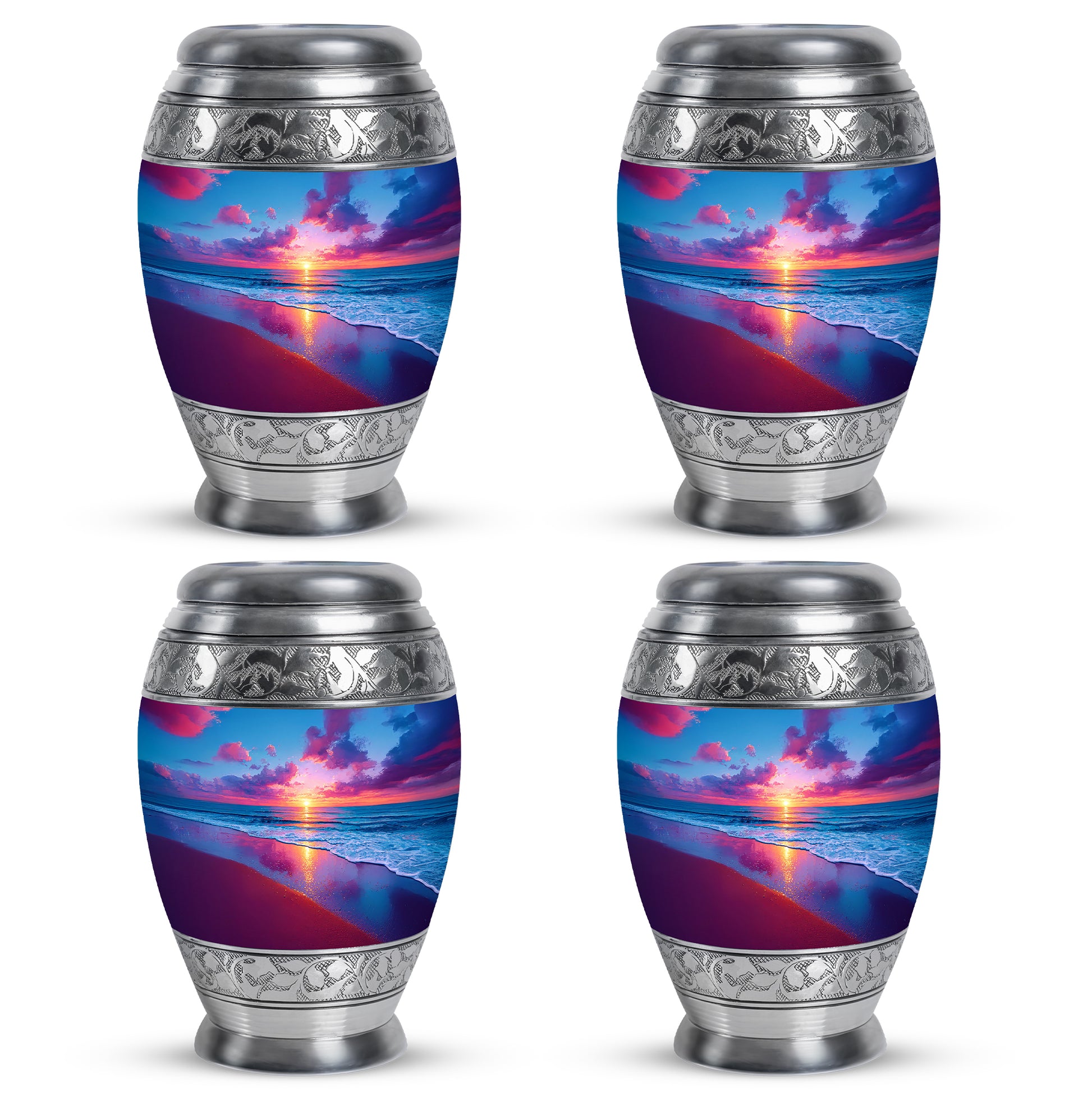 Icy Blue Beach Cremation Urn urn with complimentary velvet bag - ornate monarch-style beach relief on brushed aluminum - 10 inch aluminum urn for cremated remains