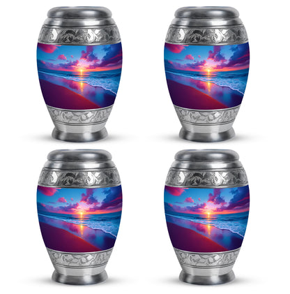 Icy Blue Beach Cremation Urn urn with complimentary velvet bag - ornate monarch-style beach relief on brushed aluminum - 10 inch aluminum urn for cremated remains