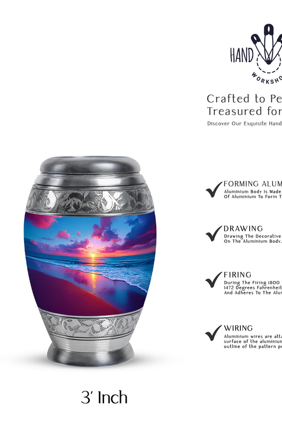 Steel Blue Beach Cremation Urn lifestyle display on memorial shelf - royal beach engraving with decorative scrollwork - mini keepsake memorial for portion of cremation ashes