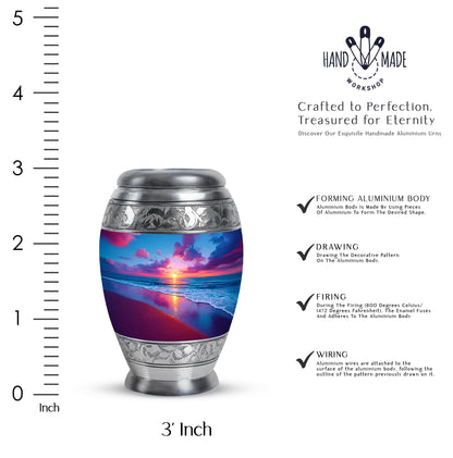 Steel Blue Beach Cremation Urn lifestyle display on memorial shelf - royal beach engraving with decorative scrollwork - mini keepsake memorial for portion of cremation ashes