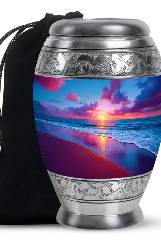 Steel Blue Beach Cremation Urn back view with polished surface - royal beach engraving with decorative scrollwork - full-size 10 inch 200 cubic inch adult cremation urn