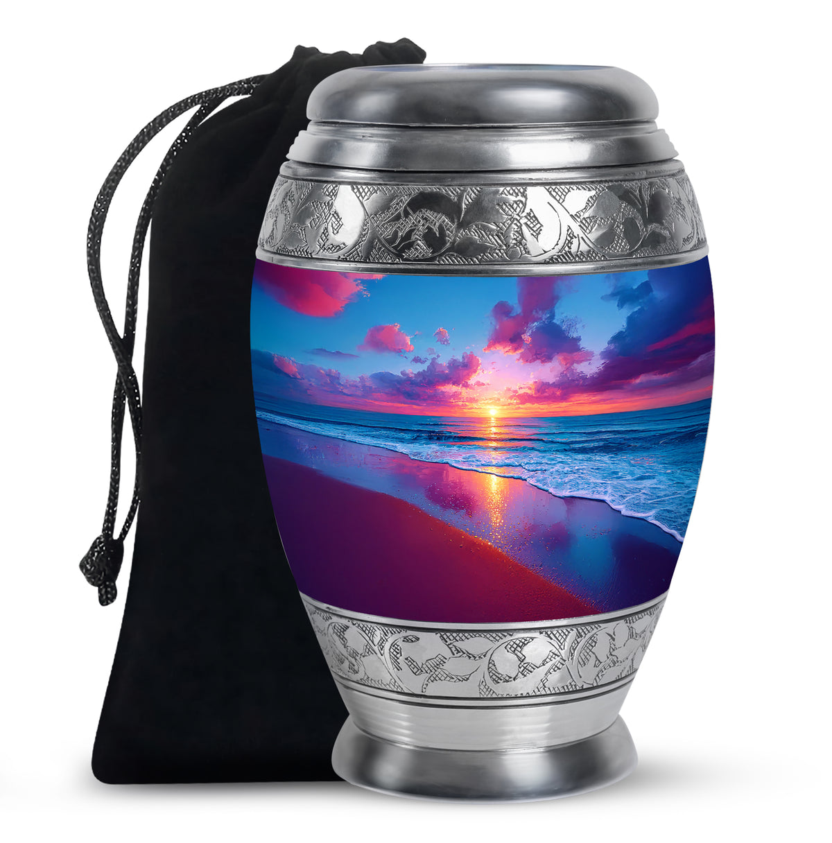 Steel Blue Beach Cremation Urn back view with polished surface - royal beach engraving with decorative scrollwork - full-size 10 inch 200 cubic inch adult cremation urn