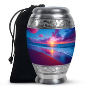 Steel Blue Beach Cremation Urn back view with polished surface - royal beach engraving with decorative scrollwork - full-size 10 inch 200 cubic inch adult cremation urn