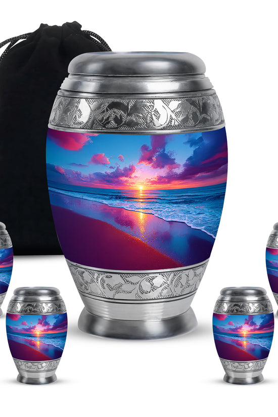 Pastel Blue Beach Cremation Urn detail view - regal beach design with crown-inspired accents - memorial set with one large and four small urns