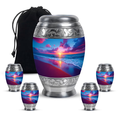 Pastel Blue Beach Cremation Urn detail view - regal beach design with crown-inspired accents - memorial set with one large and four small urns