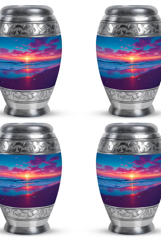 Cobalt Blue Beach Cremation Urn urn with complimentary velvet bag - royal beach engraving with decorative scrollwork - 10 inch aluminum urn for cremated remains