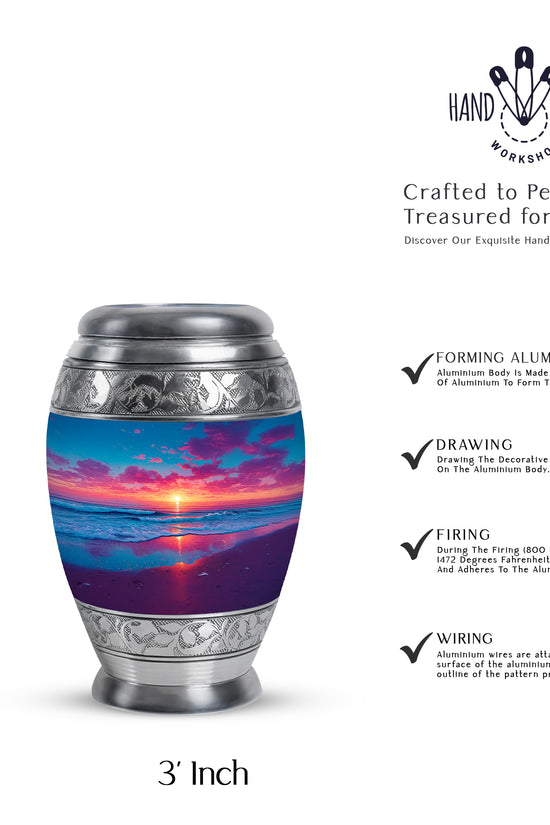 Soft Blue Beach Cremation Urn lifestyle display on memorial shelf - majestic beach pattern with filigree border - mini keepsake memorial for portion of cremation ashes