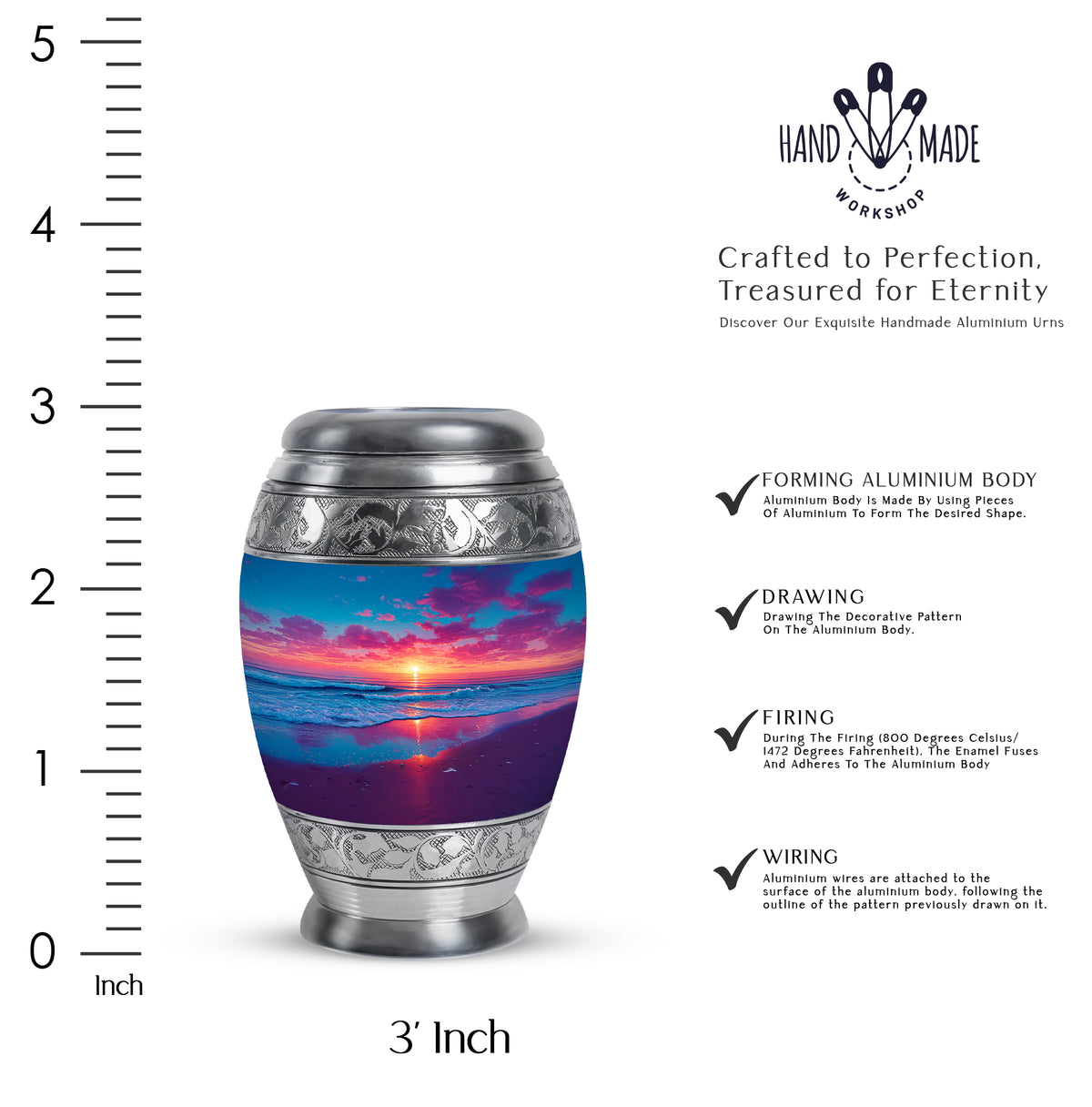 Soft Blue Beach Cremation Urn lifestyle display on memorial shelf - majestic beach pattern with filigree border - mini keepsake memorial for portion of cremation ashes