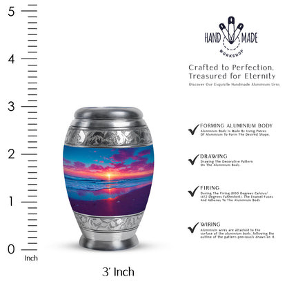 Soft Blue Beach Cremation Urn lifestyle display on memorial shelf - majestic beach pattern with filigree border - mini keepsake memorial for portion of cremation ashes