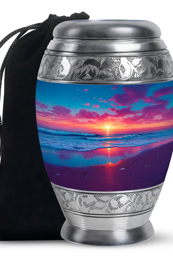 Indigo Beach Cremation Urn back view with polished surface - regal beach design with crown-inspired accents - full-size 10 inch 200 cubic inch adult cremation urn
