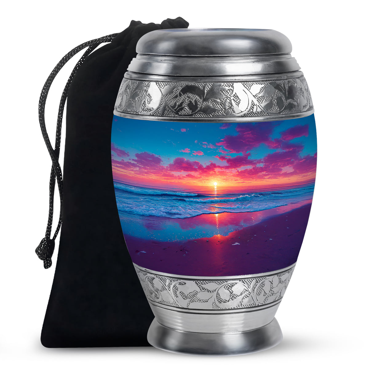 Indigo Beach Cremation Urn back view with polished surface - regal beach design with crown-inspired accents - full-size 10 inch 200 cubic inch adult cremation urn