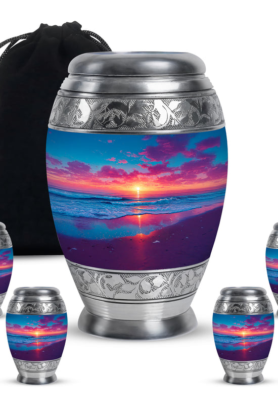 Azure Beach Cremation Urn detail view - ornate monarch-style beach relief on brushed aluminum - memorial set with one large and four small urns