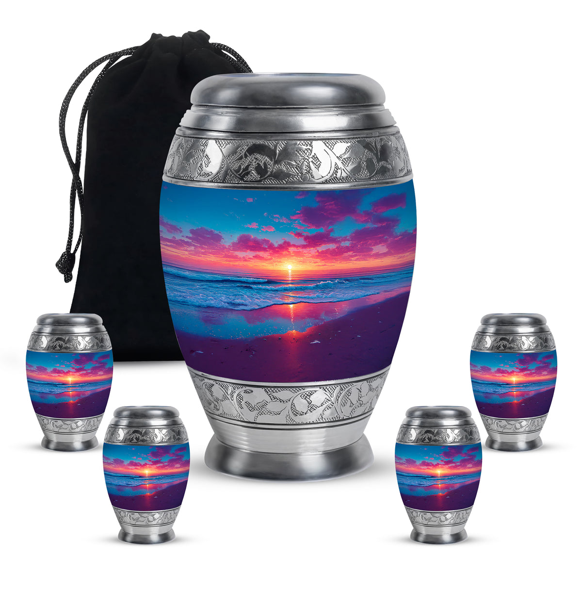 Azure Beach Cremation Urn detail view - ornate monarch-style beach relief on brushed aluminum - memorial set with one large and four small urns