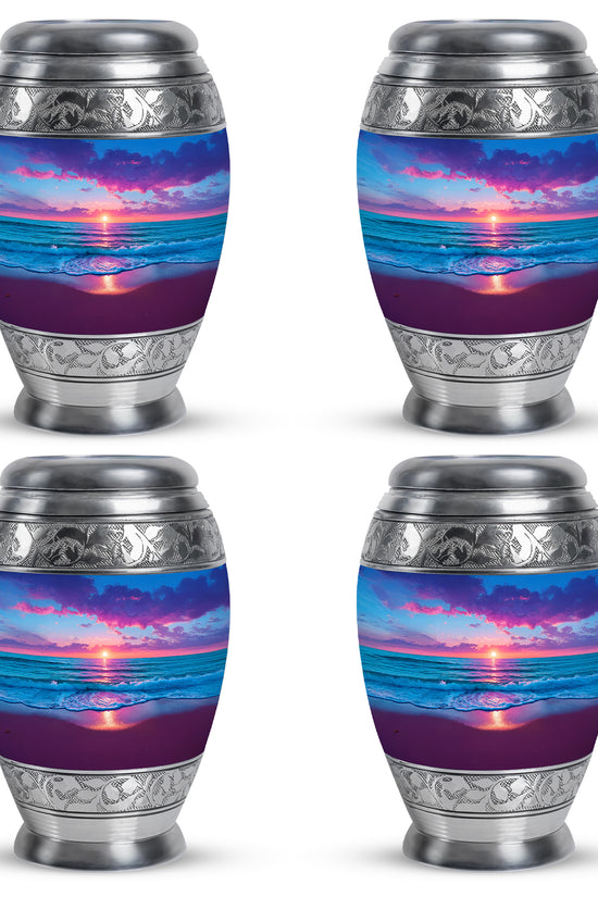 Bright Blue Beach Cremation Urn urn with complimentary velvet bag - royal beach engraving with decorative scrollwork - 10 inch aluminum urn for cremated remains