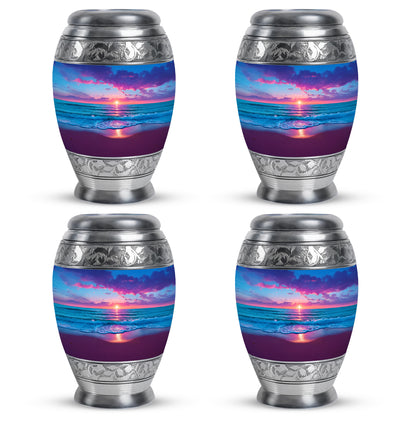 Bright Blue Beach Cremation Urn urn with complimentary velvet bag - royal beach engraving with decorative scrollwork - 10 inch aluminum urn for cremated remains