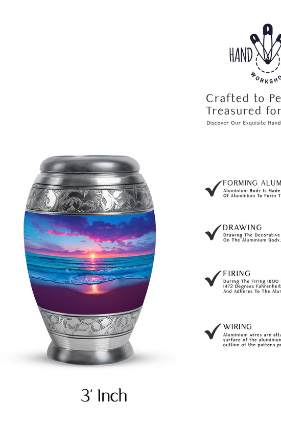 Powder Blue Beach Cremation Urn lifestyle display on memorial shelf - regal beach design with crown-inspired accents - mini keepsake memorial for portion of cremation ashes