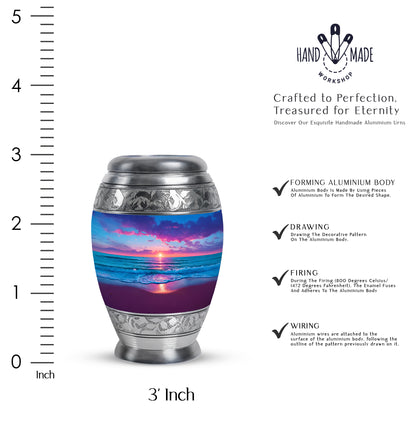Powder Blue Beach Cremation Urn lifestyle display on memorial shelf - regal beach design with crown-inspired accents - mini keepsake memorial for portion of cremation ashes