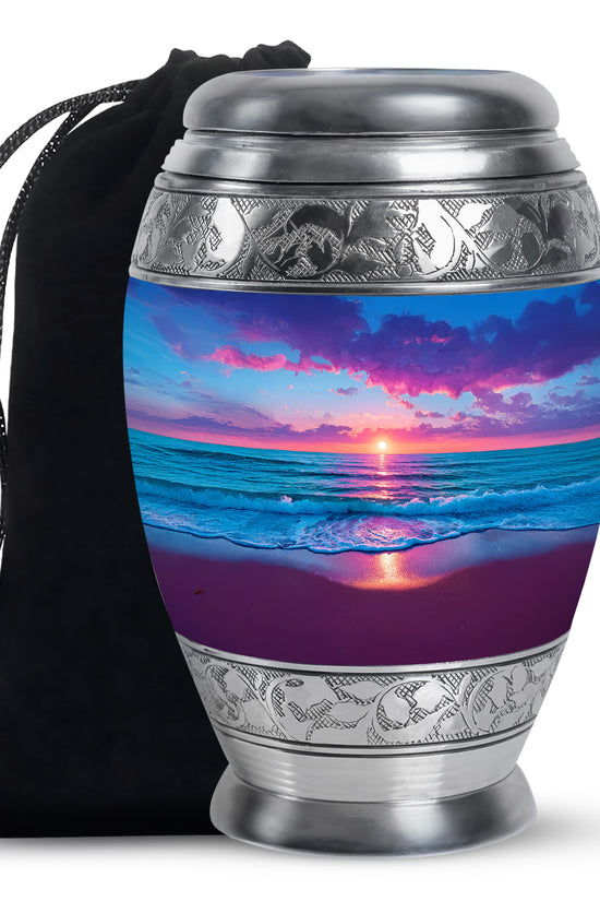 Cobalt Blue Beach Cremation Urn back view with polished surface - royal beach engraving with decorative scrollwork - full-size 10 inch 200 cubic inch adult cremation urn
