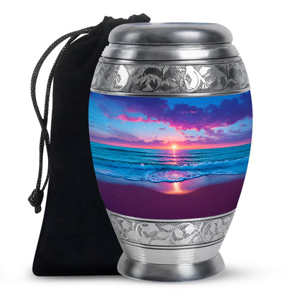 Cobalt Blue Beach Cremation Urn back view with polished surface - royal beach engraving with decorative scrollwork - full-size 10 inch 200 cubic inch adult cremation urn