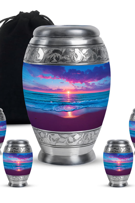 Cornflower Blue Beach Cremation Urn detail view - royal beach engraving with decorative scrollwork - memorial set with one large and four small urns