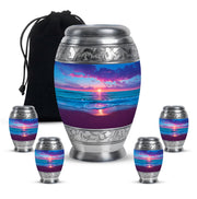Cornflower Blue Beach Cremation Urn detail view - royal beach engraving with decorative scrollwork - memorial set with one large and four small urns