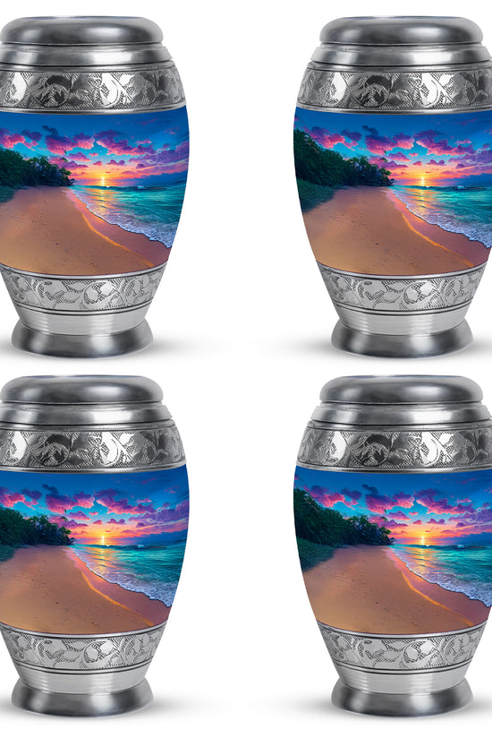 Powder Blue Beach Cremation Urn urn with complimentary velvet bag - ornate monarch-style beach relief on brushed aluminum - 10 inch aluminum urn for cremated remains