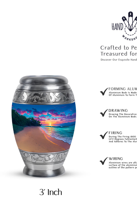 Misty Blue Beach Cremation Urn lifestyle display on memorial shelf - regal beach design with crown-inspired accents - mini keepsake memorial for portion of cremation ashes