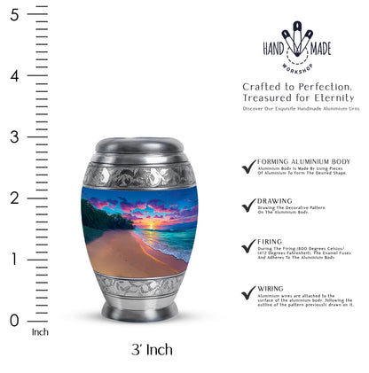 Misty Blue Beach Cremation Urn lifestyle display on memorial shelf - regal beach design with crown-inspired accents - mini keepsake memorial for portion of cremation ashes