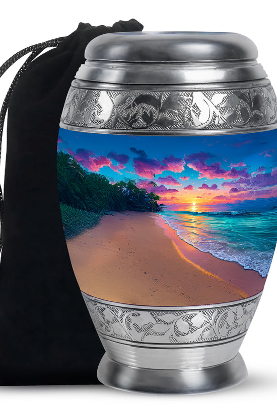 Royal Blue Beach Cremation Urn back view with polished surface - royal beach engraving with decorative scrollwork - full-size 10 inch 200 cubic inch adult cremation urn