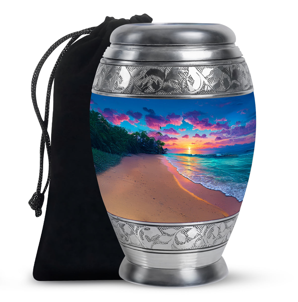 Royal Blue Beach Cremation Urn back view with polished surface - royal beach engraving with decorative scrollwork - full-size 10 inch 200 cubic inch adult cremation urn