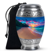 Royal Blue Beach Cremation Urn back view with polished surface - royal beach engraving with decorative scrollwork - full-size 10 inch 200 cubic inch adult cremation urn