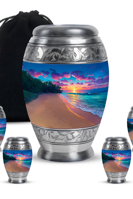 Indigo Beach Cremation Urn detail view - ornate monarch-style beach relief on brushed aluminum - memorial set with one large and four small urns