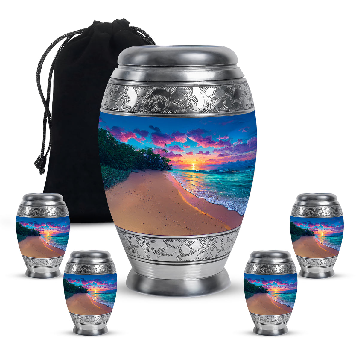 Indigo Beach Cremation Urn detail view - ornate monarch-style beach relief on brushed aluminum - memorial set with one large and four small urns