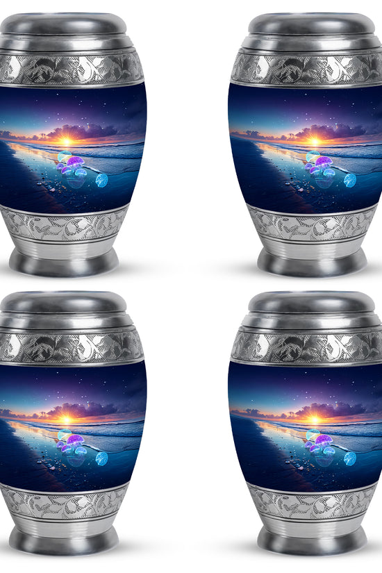 Vivid Blue Beach Cremation Urn urn with complimentary velvet bag - royal beach engraving with decorative scrollwork - 10 inch aluminum urn for cremated remains