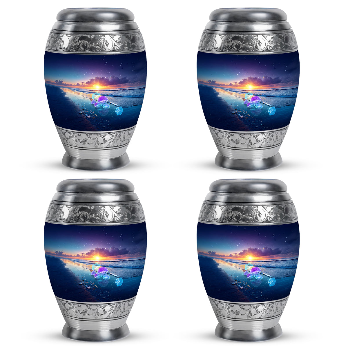 Vivid Blue Beach Cremation Urn urn with complimentary velvet bag - royal beach engraving with decorative scrollwork - 10 inch aluminum urn for cremated remains