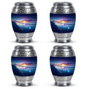 Vivid Blue Beach Cremation Urn urn with complimentary velvet bag - royal beach engraving with decorative scrollwork - 10 inch aluminum urn for cremated remains