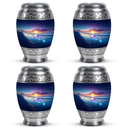 Vivid Blue Beach Cremation Urn urn with complimentary velvet bag - royal beach engraving with decorative scrollwork - 10 inch aluminum urn for cremated remains