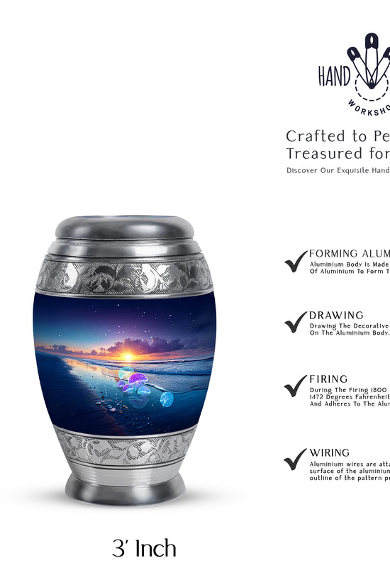 Pastel Blue Beach Cremation Urn lifestyle display on memorial shelf - regal beach design with crown-inspired accents - mini keepsake memorial for portion of cremation ashes
