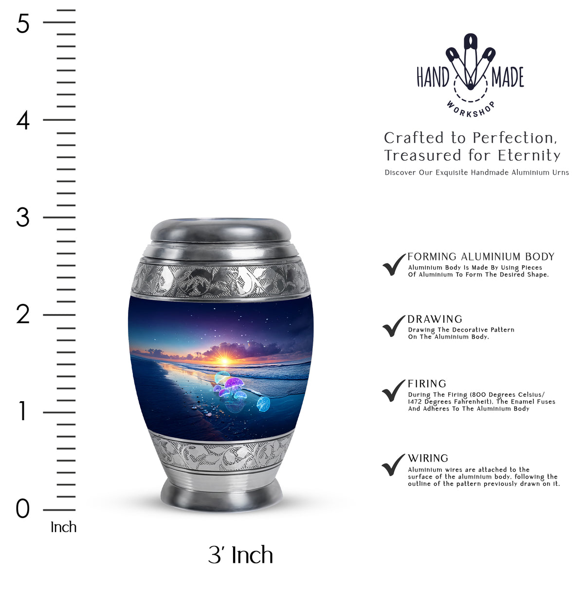 Pastel Blue Beach Cremation Urn lifestyle display on memorial shelf - regal beach design with crown-inspired accents - mini keepsake memorial for portion of cremation ashes