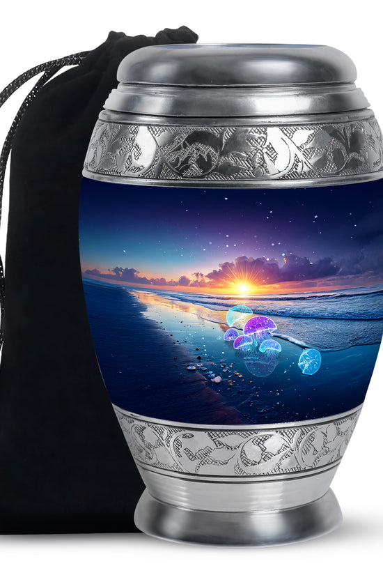 Sapphire Blue Beach Cremation Urn back view with polished surface - majestic beach pattern with filigree border - full-size 10 inch 200 cubic inch adult cremation urn